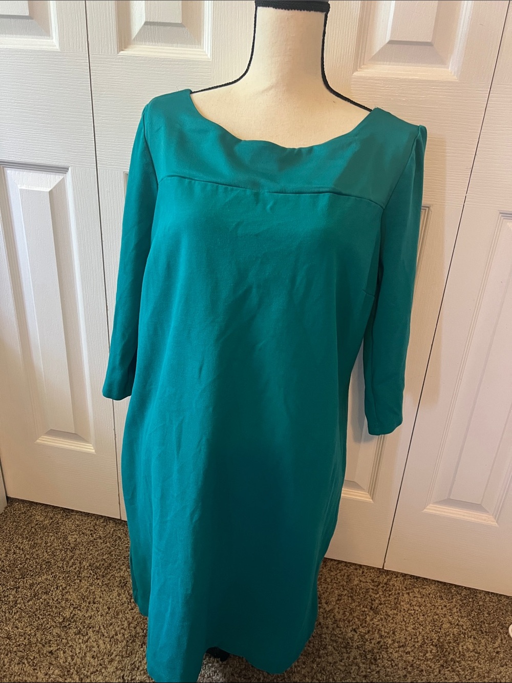 Ann Taylor Teal BoatNeck Satin Look Collar Midi Dress Rayon Blend Size Large